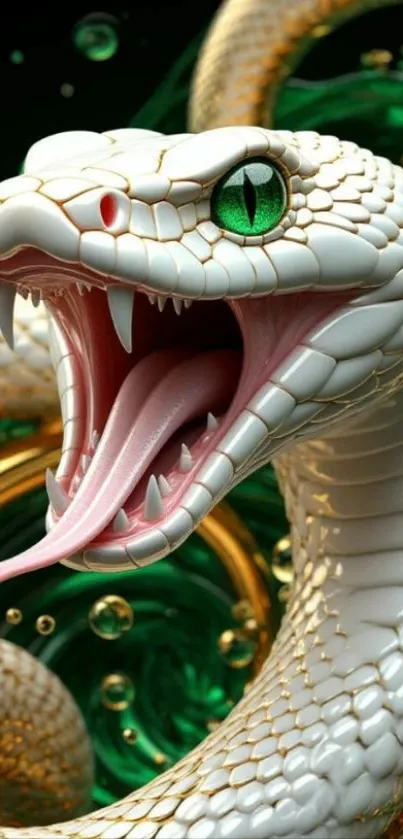 White snake with green eyes and open mouth on mobile wallpaper.