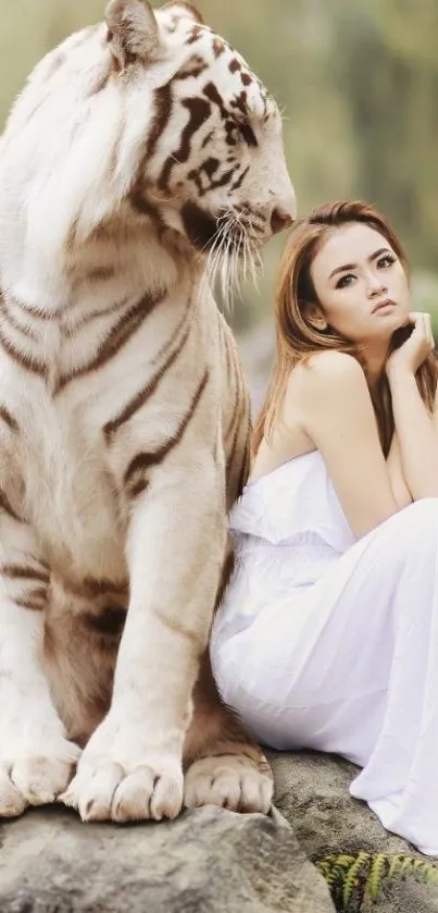 Majestic white tiger with a woman in a serene natural setting for mobile wallpaper.