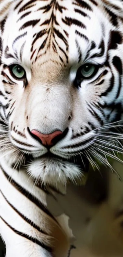 Majestic white tiger with striking features on a mobile wallpaper.