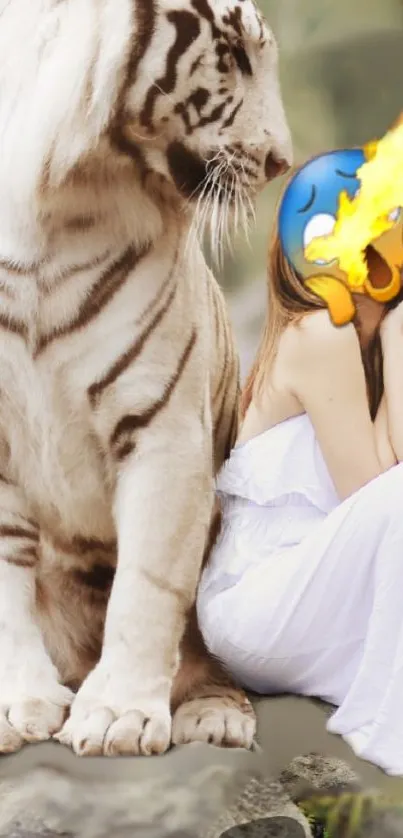 White tiger with artistic fantasy design on mobile wallpaper.