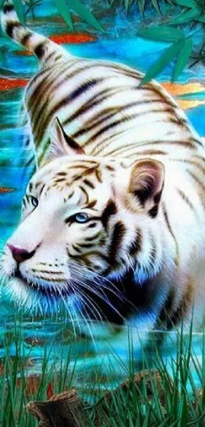 Majestic white tiger art with a vibrant cyan background.