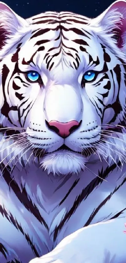 Artistic illustration of a white tiger with blue eyes and pink flowers.