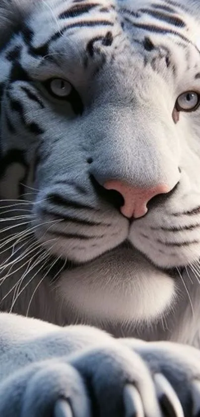 Close-up of a majestic white tiger with striking features, ideal for phone wallpaper.