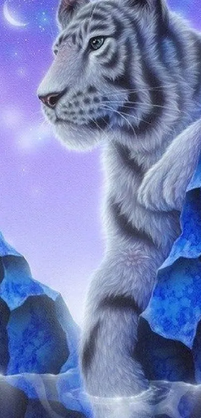 White tiger amidst blue rocks and purple sky.