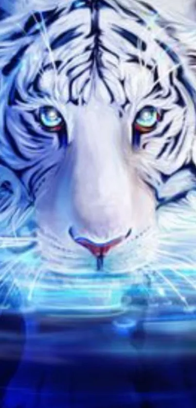 Striking white tiger with blue artistic accents.