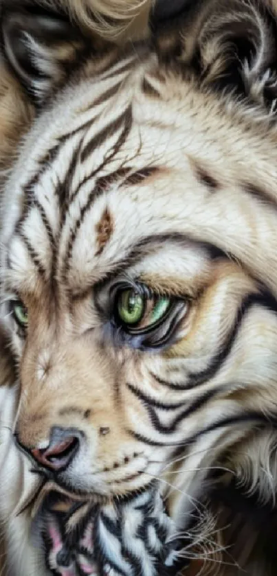 Majestic white tiger with green eyes in artistic wallpaper.