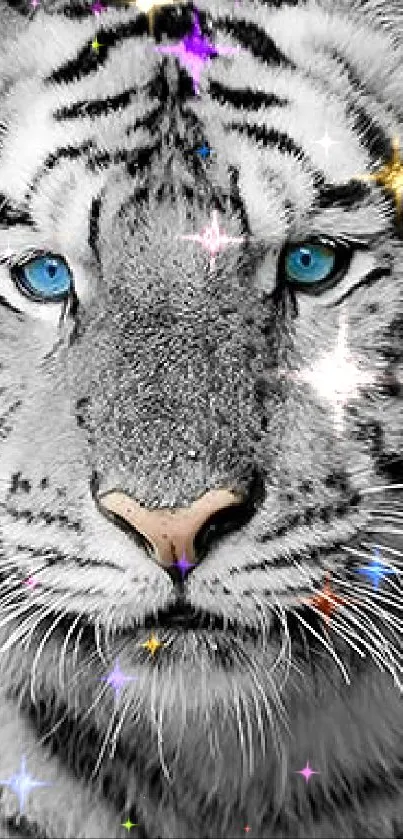 White tiger with blue eyes wall art near a vase.