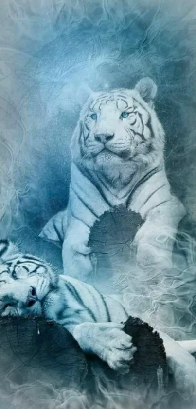 Majestic white tigers in a misty, icy blue background.