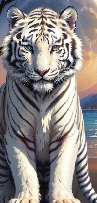 White tiger sits by moonlit lake under twilight sky.