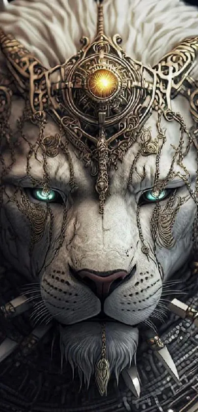 White tiger with gold metallic adornments on its head.