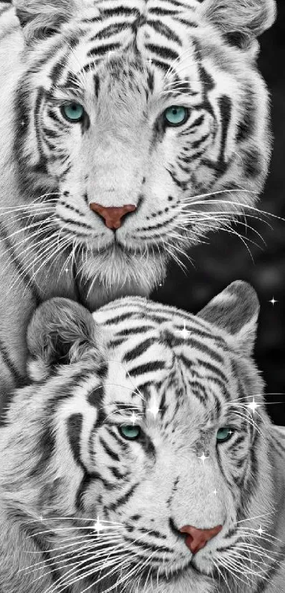 Two majestic white tigers with blue eyes in a striking mobile wallpaper.