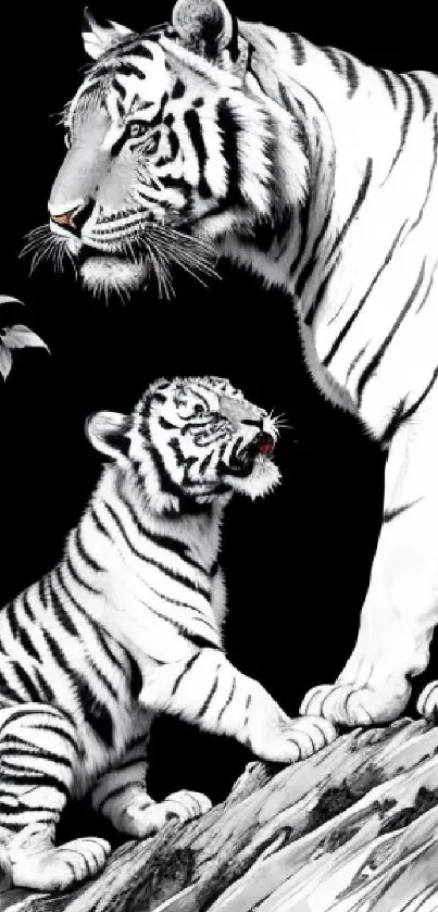 Monochrome illustration of a white tiger and cub on a mobile wallpaper.