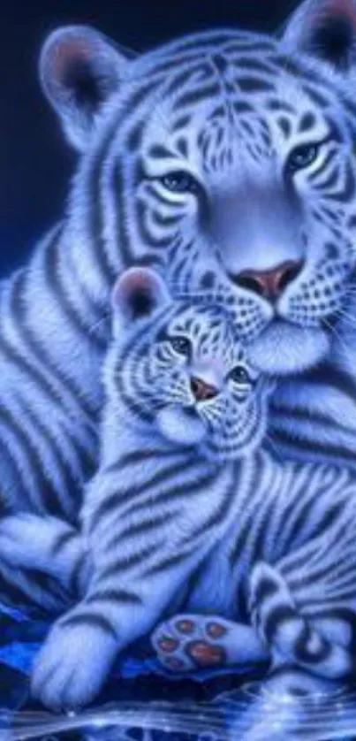 Majestic white tiger family digital art in deep blue tones for mobile wallpapers.