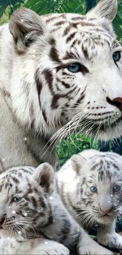 White tiger family in jungle setting wallpaper.