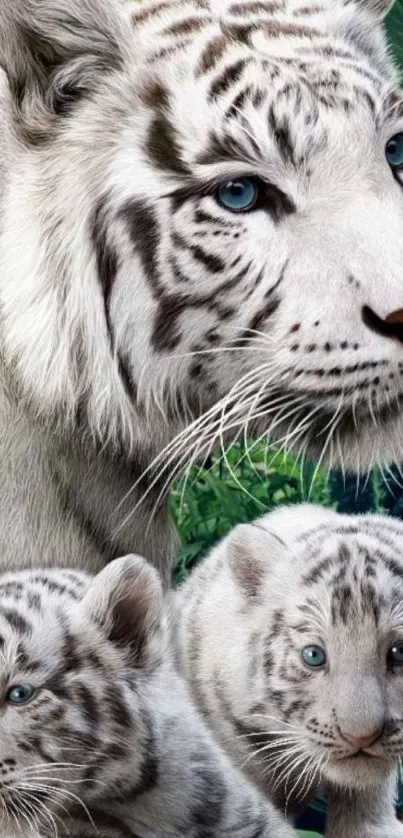 White tiger family in lush greenery wallpaper