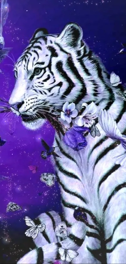 White tiger with butterflies in a purple fantasy setting.