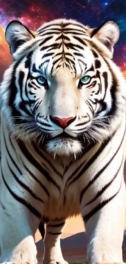 Majestic white tiger with galaxy backdrop on mobile wallpaper.