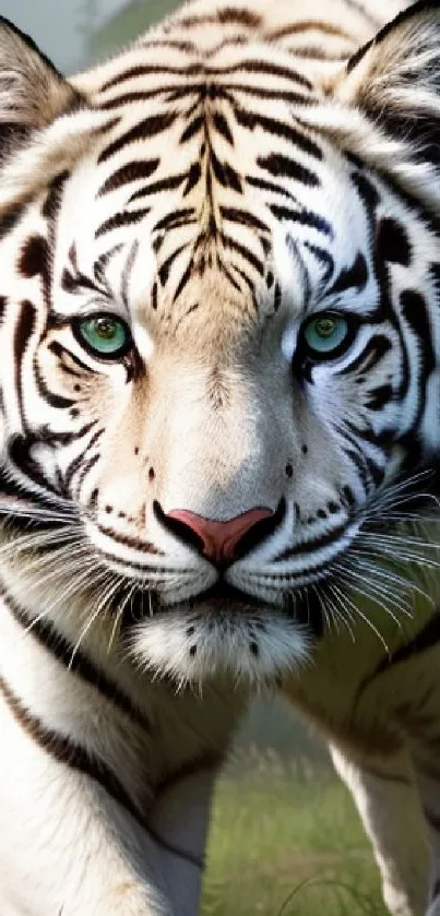 Stunning white tiger with green eyes in a lush forest setting.