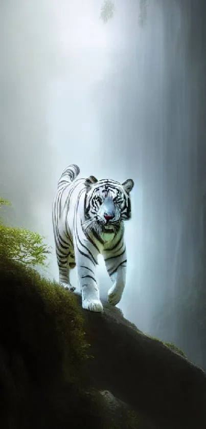 Majestic white tiger in misty forest wallpaper.