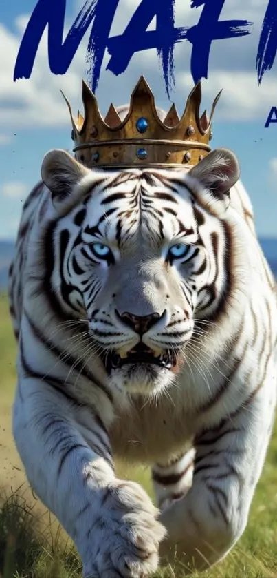 White tiger with crown in meadow.