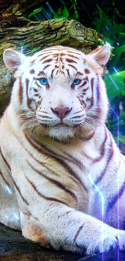 Majestic white tiger resting in lush green jungle setting.