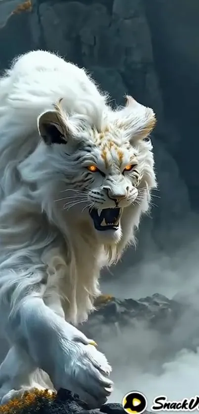 Majestic white tiger with glowing eyes on a misty mountain.