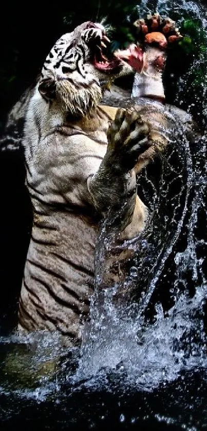 White tiger leaping through water in a dynamic nature scene.