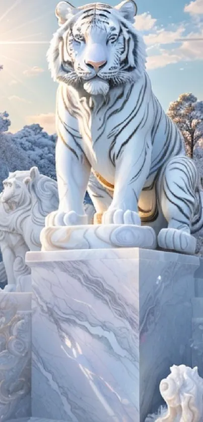 Majestic white tiger marble statue in snowy landscape.