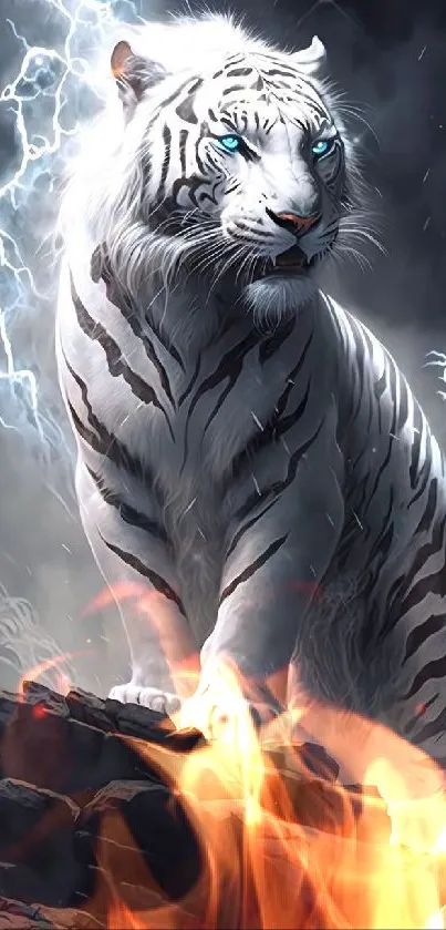 Majestic white tiger with lightning background
