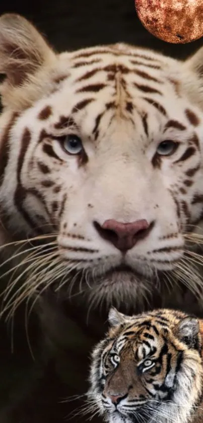 Close-up of a white tiger with a moon in the background.