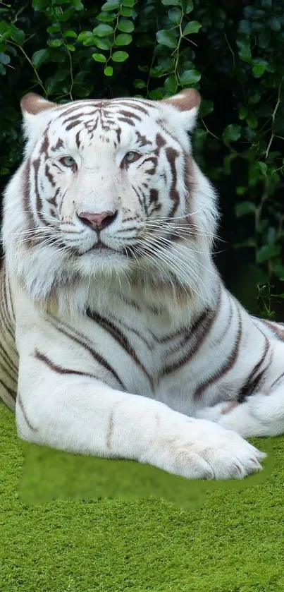 Majestic white tiger lying on lush green grass.