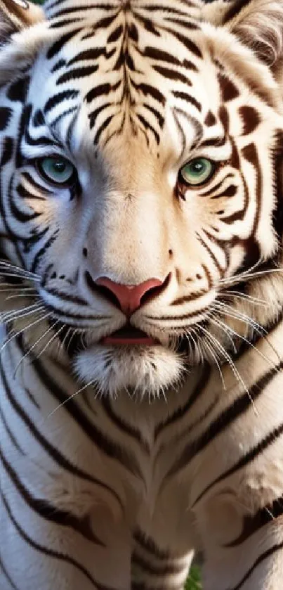 Close-up of a majestic white tiger surrounded by lush green leaves.