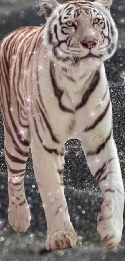 Majestic white tiger walking on sparkling black sand.