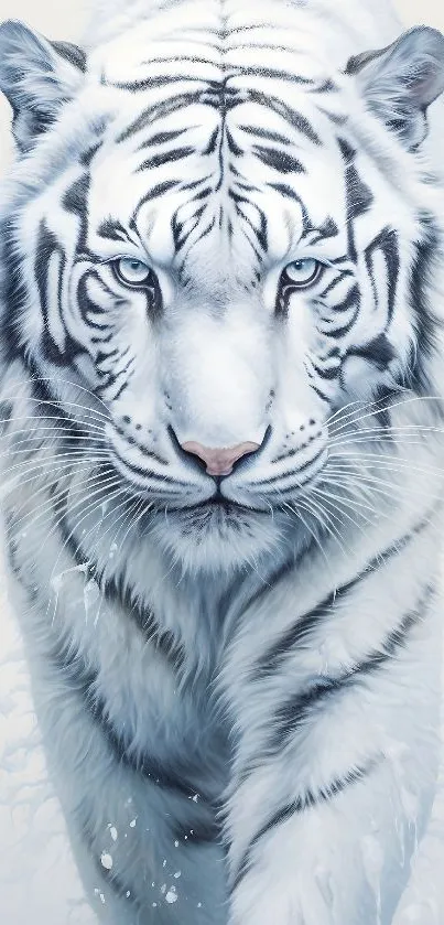Majestic white tiger walking forward elegantly.