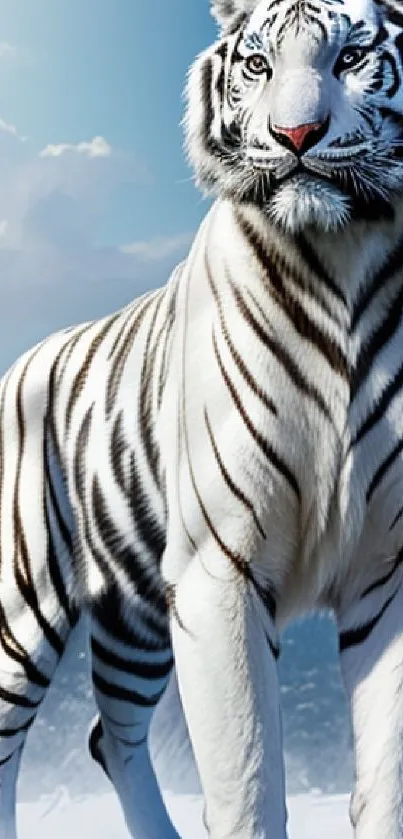 White tiger standing in snowy landscape, full moon above.