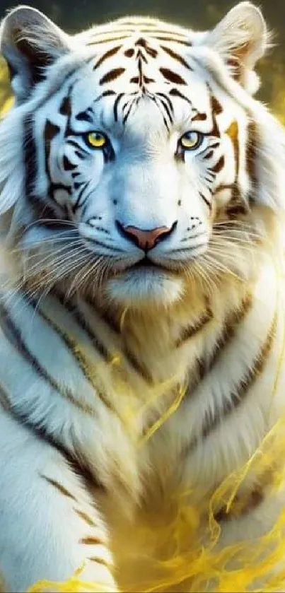 Majestic white tiger with golden flames in mobile wallpaper.