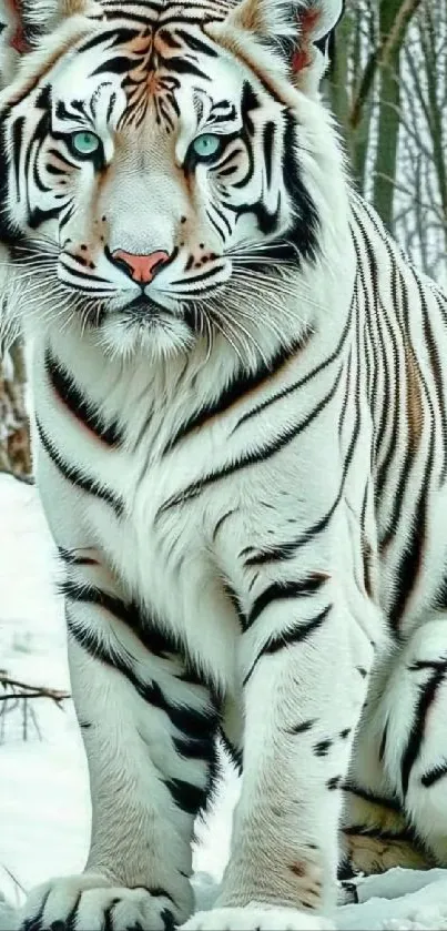 Majestic white tiger in a snowy forest setting, close-up view.