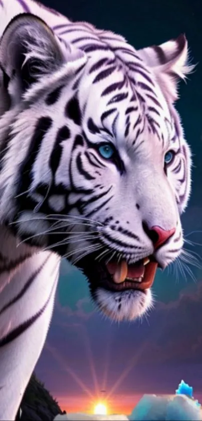 A majestic white tiger with vivid blue eyes under a dramatic sunset sky.