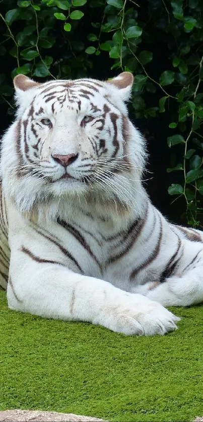 White tiger resting on green grass with lush leaves.