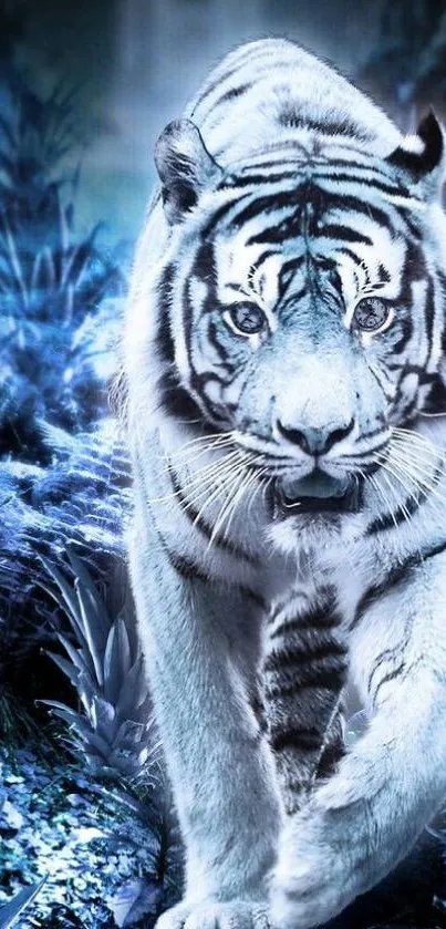 Majestic white tiger walking through a mystical blue forest.