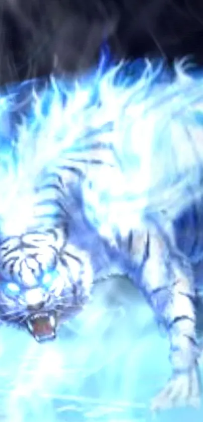 Glowing white tiger with ethereal blue flames.