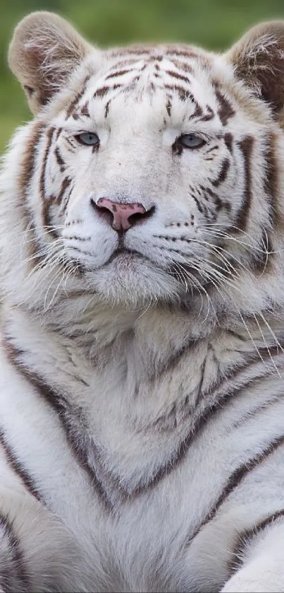 Majestic white tiger on lush grass background.