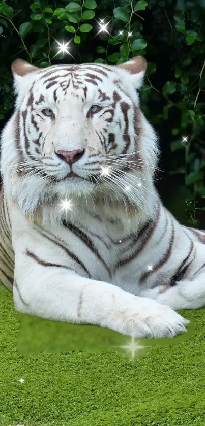 A majestic white tiger with a sparkling effect on lush green grass.