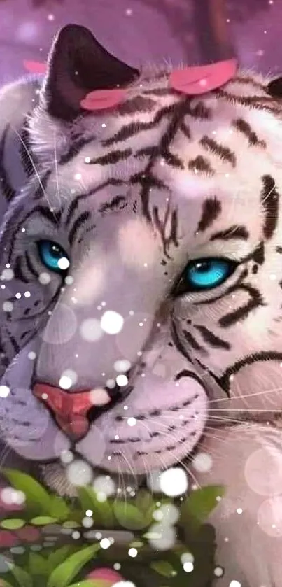 Majestic white tiger with blue eyes and pink flowers, digital art wallpaper.