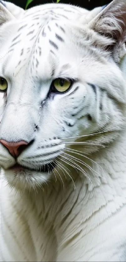 Close-up of a majestic white tiger with striking green eyes.