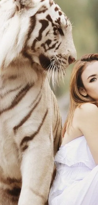 White tiger beside calm woman, tranquil wallpaper design.