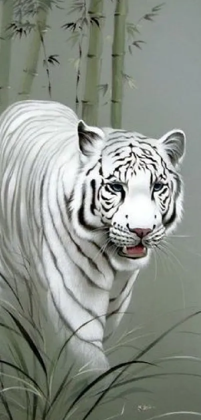 White tiger in a bamboo forest wallpaper, ideal for nature lovers.