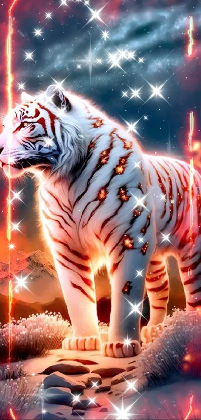 Majestic white tiger under a starry sky.