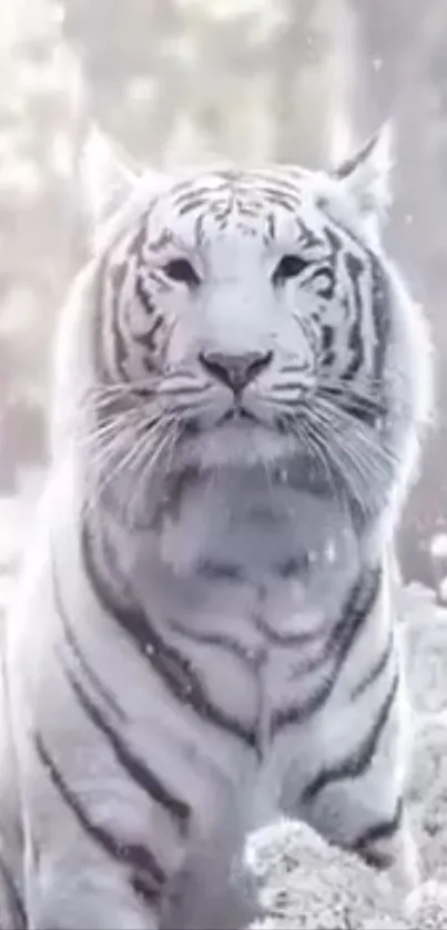 Majestic white tiger in snowy forest setting.