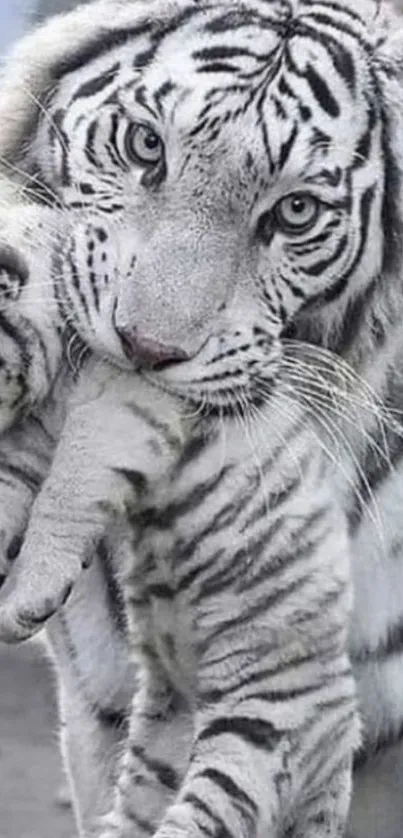 White tiger carrying cub in grayscale mobile wallpaper.